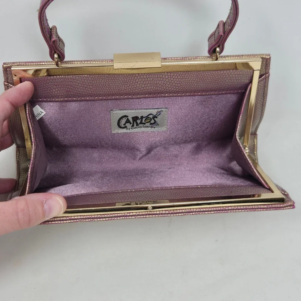 Carlos Santana Metallic Gold‎ Purple Snakeskin Embossed Frame Clutch Handbag
